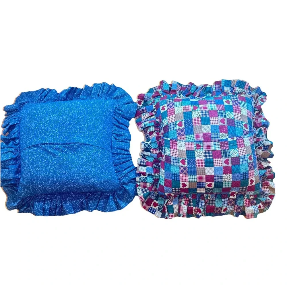 Vintage‎ Handmade Crochet Ruffle Pillow Pair Blue & Patchwork Country Cottage